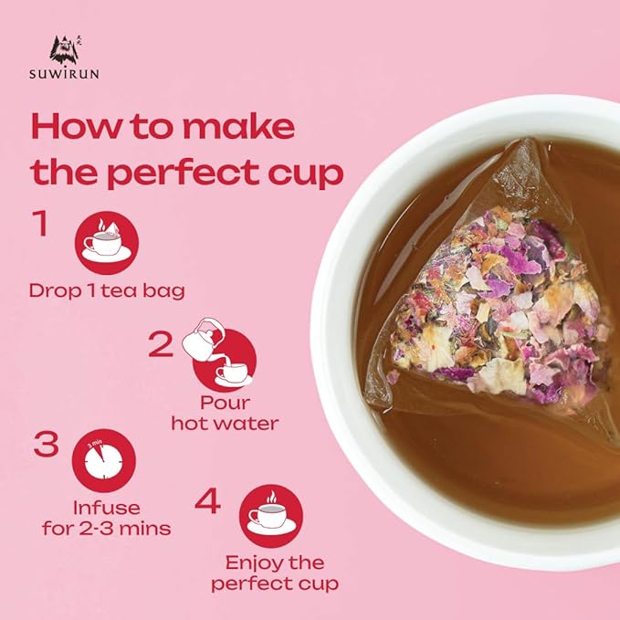Suwirun Organic Rose Tea 25 Bags – 100% Pure Rose Petals – Delicate Floral Aroma, Naturally Caffeine-Free – Relaxing Herbal Tea, Enjoy Hot or Cold