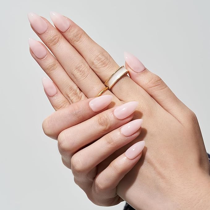 GLAMERMAID Nude Pink Eyes Press on Nails Short Almond, Beige Handmade Glossy Gel Fake Nail Kit, Light Pink Natural Glitter Magnetic Glue on Nail Stiletto, Medium Oval Stick on False Nail Set for Women