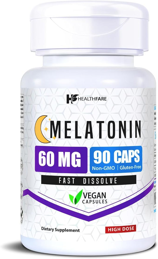 Melatonin 60mg | 90 Veg Capsules | High-Strength Formula | Vegetarian, Non-GMO, Gluten-Free | Made in The USA