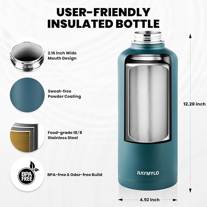 Insulated Water Bottle 87 oz, Triple Wall Vacuum Stainless Steel (Cold for 48 Hrs), Leak Proof & Non-BPA, Modern Water Flask Jug with Paracord Handle & Straw Spout Lids, Dark Green