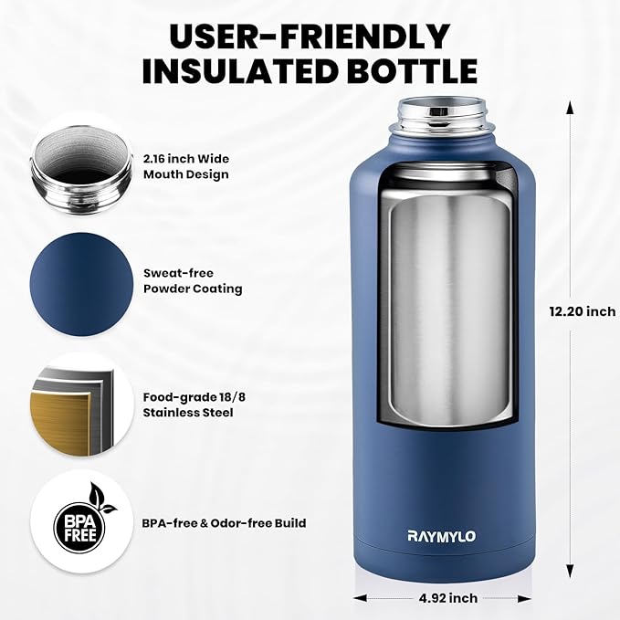 Insulated Water Bottle 87 oz, Triple Wall Vacuum Stainless Steel (Cold for 48 Hrs), Leak Proof & Non-BPA, Modern Water Flask Jug with Paracord Handle & Straw Spout Lids, Navy Blue