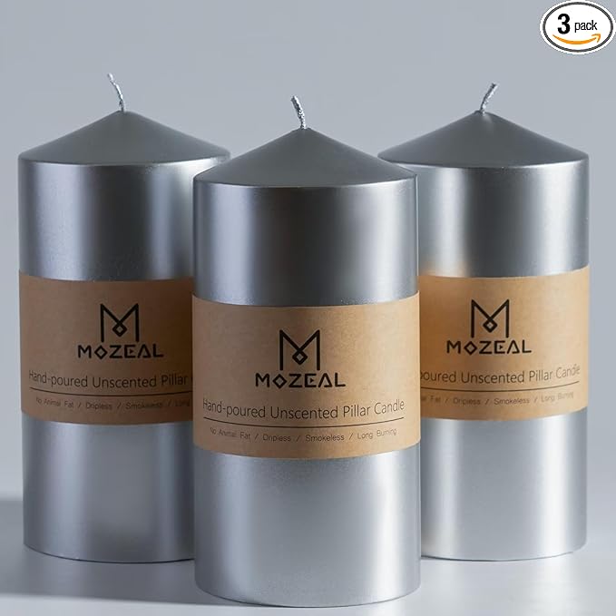 MOZEAL 3" x 6" Hand-Poured Unscented Silver Pillar Candles,Dripless Candles Set of 3,Long Lasting Burning,Approx 100 Hours Burn Time for Wedding,Dinner,Christmas and Home Decor