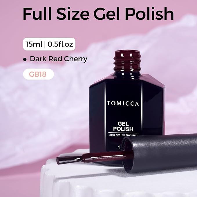 TOMICCA Cherry Red Gel Nail Polish, 15ml Dark Red Gel Polish Soak Off UV LED Cure Needed Color Long Lasting High Saturation and Glossy Nail Art Manicure Salon DIY Design