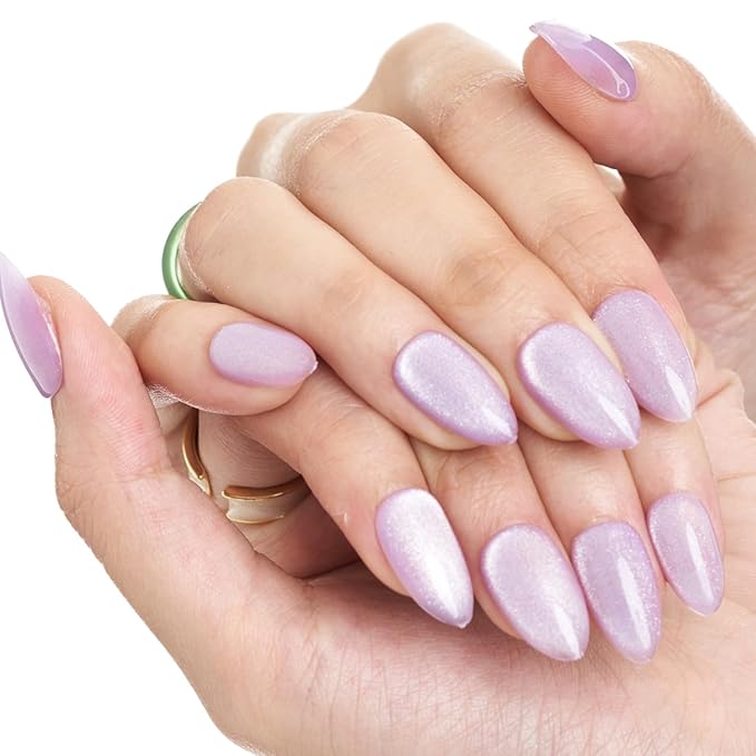 GLAMERMAID Pure Purple Magnet Cat Eyes Press on Nails Short Almond, Handmade Jelly Gel Fake Nail Kits, Ombre Glitter Magnetic Glue on Nail Stiletto，Aurora Medium Oval Stick on False Nail Set for Women