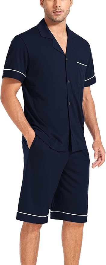 COLORFULLEAF Men's 100% Cotton Short Sleeve Pajama Sets Button Down Notched Collar Sleepwear Soft Lounge Pjs with Pockets