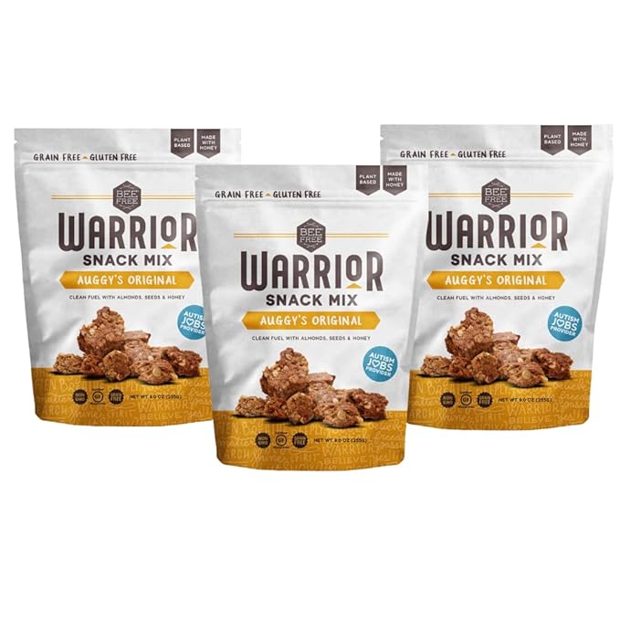 BeeFree Warrior Mix Gluten Free Granola - Chunky Granola Bites | Paleo, Low Carb, Grain Free, Preservative Free, Oat Free | Auggy’s Original Mix, 9 Ounce Bags, 3 Pack