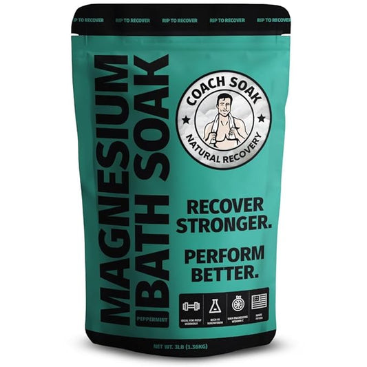 Coach Soak Recovery Bath Soak - Alternative to Epsom Salt Bath Soak - Fast-Absorbing Pure Magnesium Flakes with 21 Minerals, Bath Salts & Essential Oils - 48 oz, Cooling Peppermint
