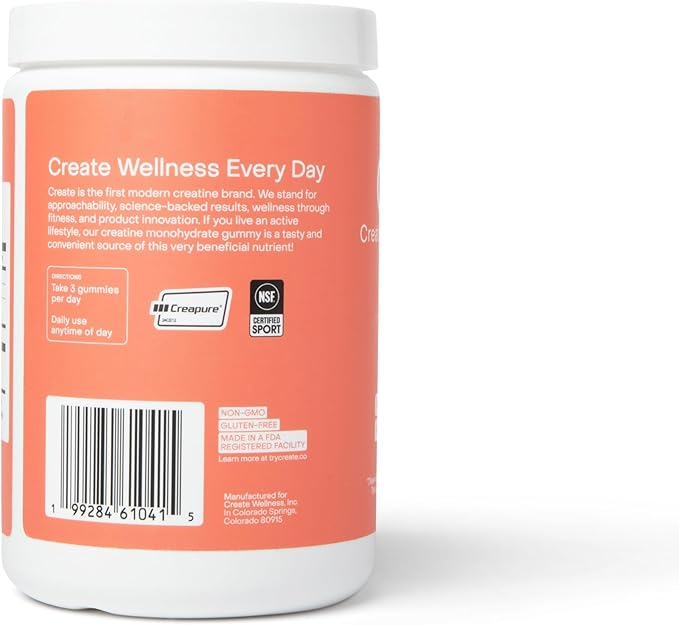 Create Creatine Monohydrate Gummies for Men & Women | 1.5g Creatine per Gummy for Muscle Strength, Endurance, Recovery, & Focus | Vegan, Non-GMO, Gluten-Free | Premium Sour Peach Flavor | 90 Count