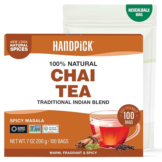 HANDPICK Masala Chai Tea Bags (100 Count) Strong Robust & Aromatic, Blended with Exotic Spices, Cinnamon, Black Pepper, Cloves & Cardamom - Premium Quality Eco-conscious Round Bags
