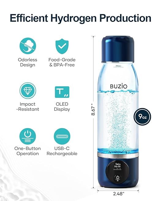 Hydrogen Water Bottle, BUZIO 3800ppb Hydrogen Water Bottles Generator Machine with Gen5 SPE/PEM Technology, Portable Athletic Performance Alkaline Water Bottle, with Dupont Membrane, OLED Display