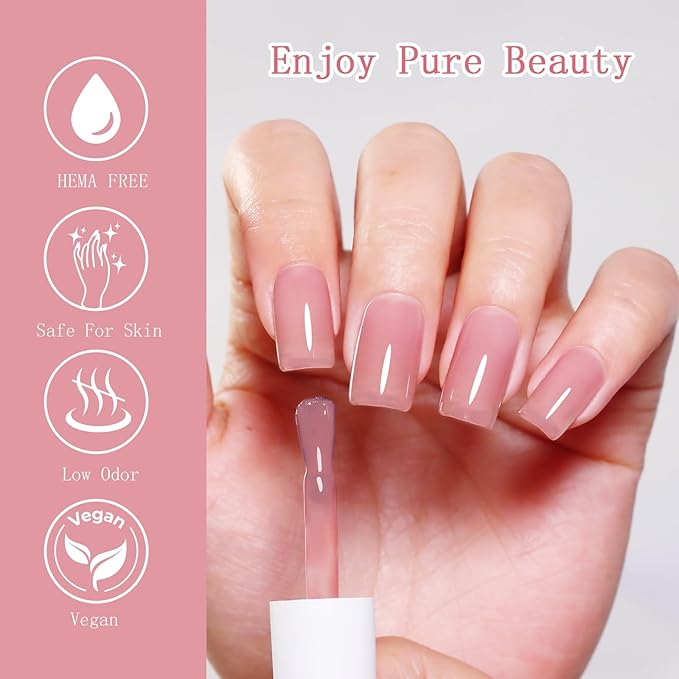 10ml Hema Free Gel Nail Polish Set, 6 Colors Transparent Jelly Gel Polish Kit Sheer Pink Nude Pink Coral Gift for Women at Home DIY and Salon