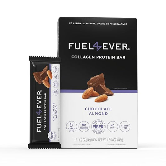 Fuel4Ever Collagen Protein Bars | 14G protein, Gluten Free, Dairy Free, No Stevia or Artificial Ingredients Added, Sweeteneed with Honey | Box of 12 Chocolate Almond Flavor