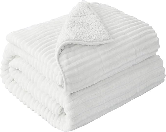 Sherpa Fleece Adult Weighted Blankets 20lbs with Ribbed Stripes, Dual Sided Fuzzy Warm Blanket for Couch Bed Sofa, Heavy Thick Blankets with Ceramic Beads Great for Sleep, White, 60" x 80"