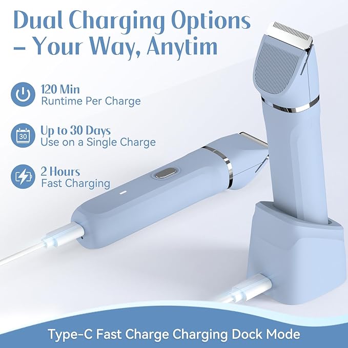 5-in-1 Bikini Trimmer for Women, IPX7 Waterproof Electric Razors Shaver, Cordless Body Hair Trimmer, Facial & Pubic Hair Removal, Ceramic Blade (Sky Blue)