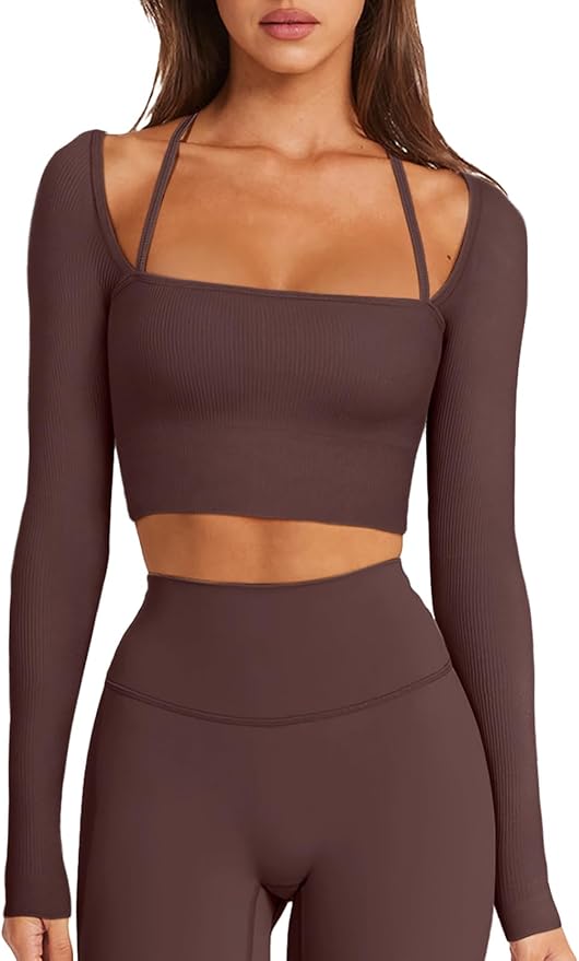 LASLULU Womens Sexy Square Neck Crop Top Ribbed Seamless Long Sleeve Workout Tops Halter Neck Athletic Yoga