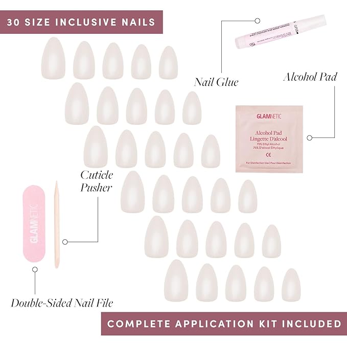 Glamnetic Press On Nails - Hailey | Glossy, Semi-Transparent, Short Almond Nails, Salon Quality | 15 Sizes - 30 Nail Kit with Glue