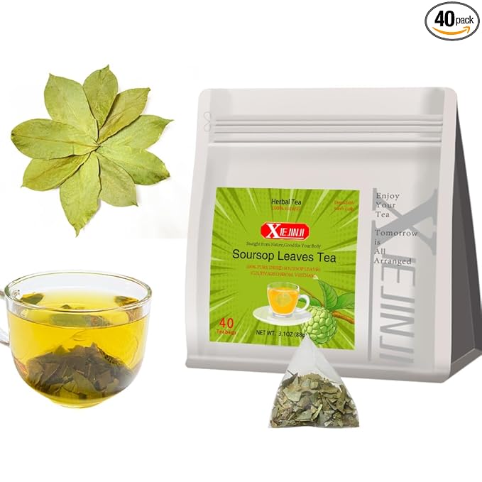XIEJINJI Soursop Leaf Tea, 40 Tea Bags – Premium Graviola Leaf Infusion Rich in Antioxidants for Immune Support, Caffeine-Free Herbal Wellness
