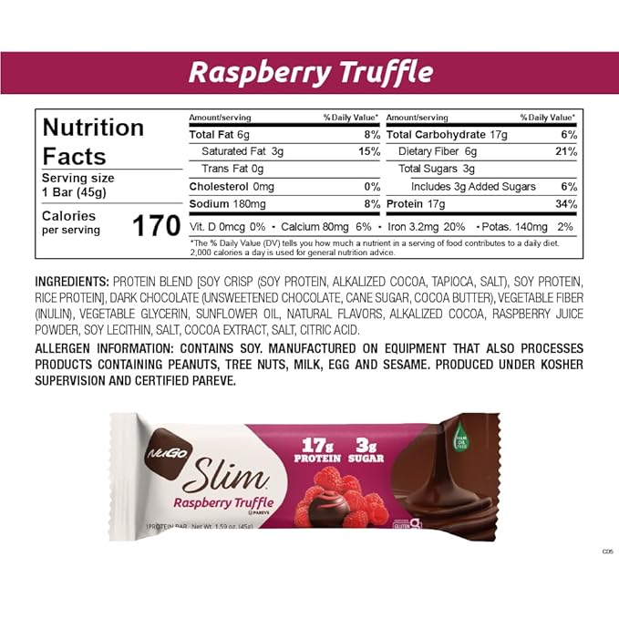 NuGo Slim Dark Chocolate Raspberry Truffle, 17g Protein, 2g Sugar, 7g Fiber, Low Net Carb, Keto Friendly, Gluten Free, 24 Count