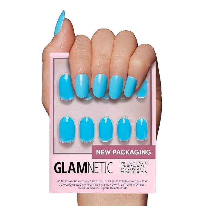 Glamnetic Press On Nails - Azure Blue | Opaque Bright Blue Short Round Fake Nails, Salon Quality | 12 Sizes - 30 Nail Kit