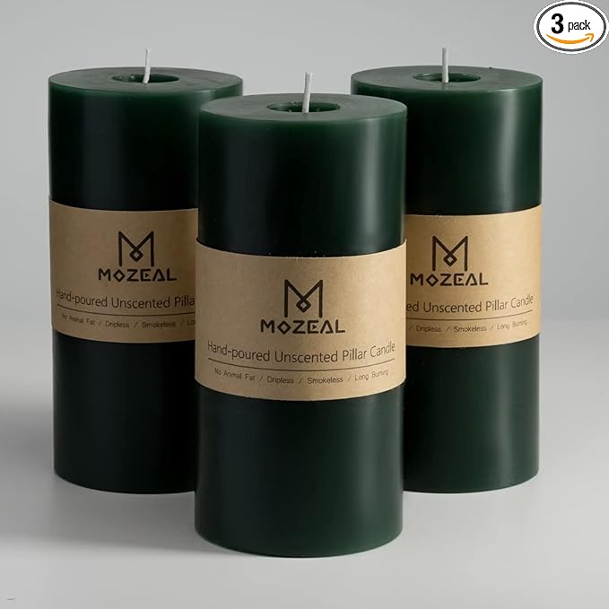 MOZEAL 3" x 6" Hand-Poured Unscented Candle,Dripless Pillar Candle Set of 3,Long Lasting Burning,Approx 120 Hours Burn Time,Rustic Country Style,for Wedding,Dinner,Christmas and Home Decor,Dark Green