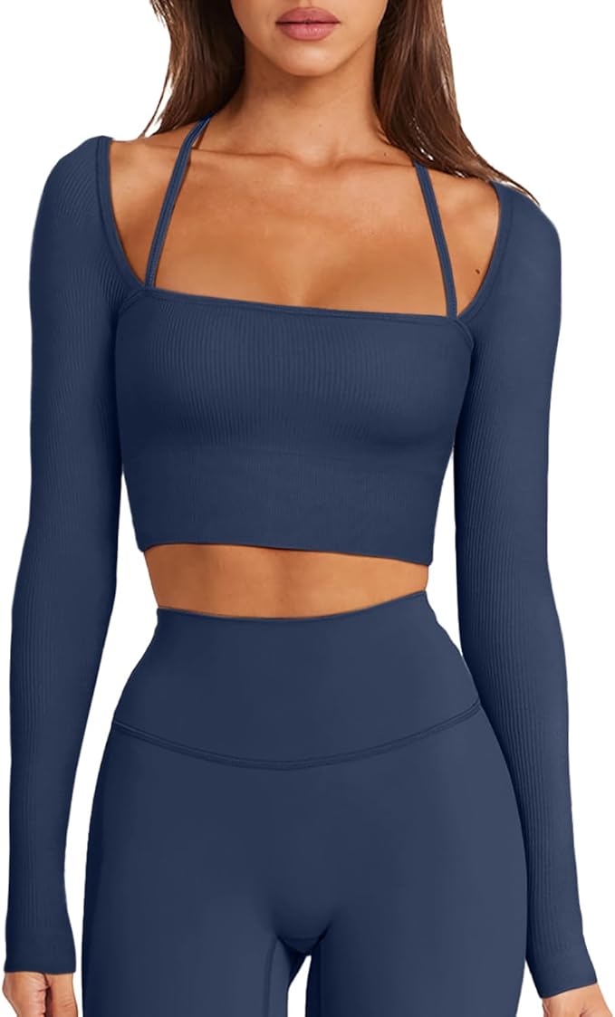 LASLULU Womens Sexy Square Neck Crop Top Ribbed Seamless Long Sleeve Workout Tops Halter Neck Athletic Yoga