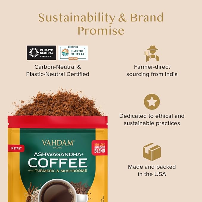 VAHDAM Ashwagandha Coffee with Turmeric, Lion’s Mane & Chaga Mushroom | Clinically Proven KSM 66 Ashwagandha & Pure Arabica Coffee | Stress & Cortisol Support, Better Energy - 40 servings