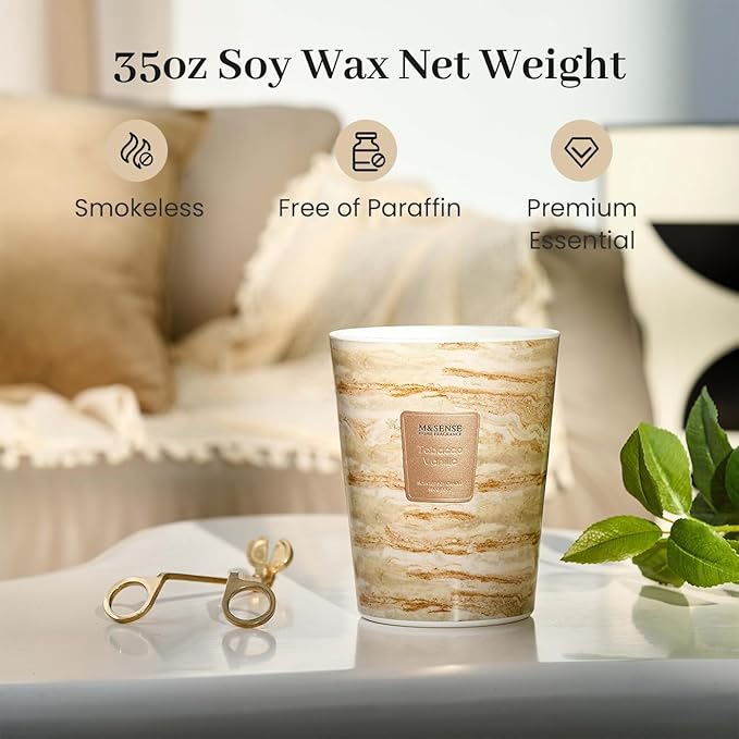 M&SENSE TobaccoVanilla Scented Candles for Home, 3-Wick Highly Scented Jar Candles, Extra Large Candle 35 Oz 150 Hours Long Lasting Burning, Relaxing Aromatherapy Candle for Stress Relief, Meditation