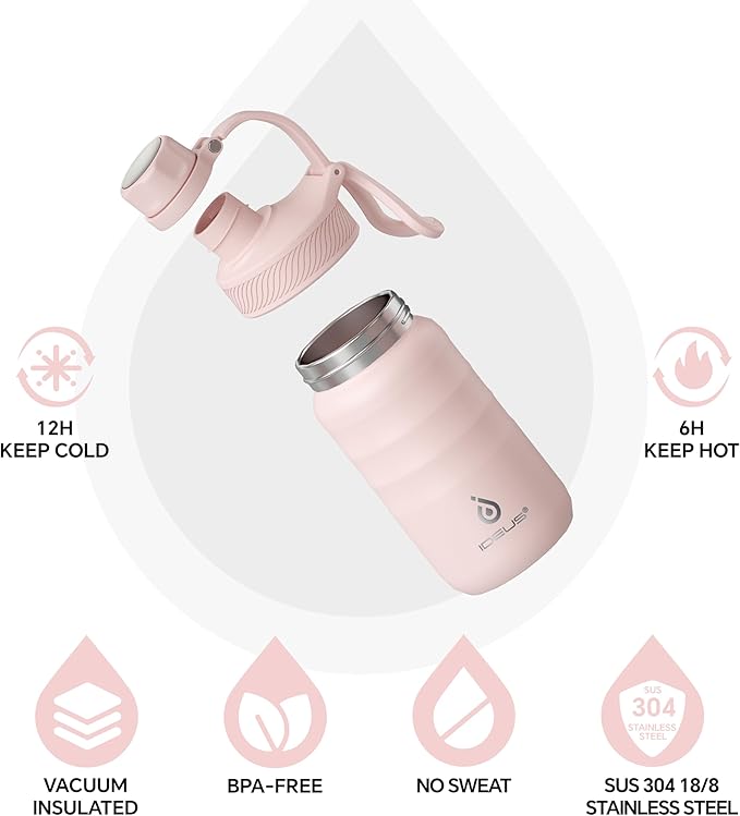 IDEUS Insulated Water Bottle 12oz, Stainless Steel Insulated Water Bottle For School, Insulated Bottles With Straws Leakproof, Vacuum Double Wall Water Bottles For Boys And Girls With 2 Lids, BPA Free