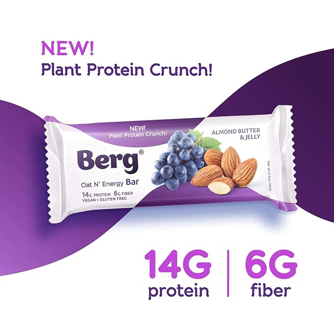Berg Oat N' Energy Bar | Almond Butter Jelly | Plant Based Protein Bar | Non-GMO, Gluten Free, Nut Free and Vegan | Low Sugar, Healthy Snack Bar | High Fiber | On The Go | 2.5oz (8 Packs)