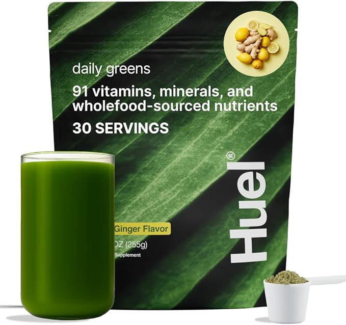 Huel Daily Greens Lemon & Ginger | Superfood Greens Powder | 91 Vitamins, Minerals, and Wholefood-Sourced Ingredients | Adaptogens, Antioxidants, Gut-Friendly Probiotics | 30 Servings