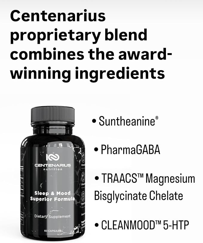 Centenarius Nutrition Sleep and Mood Formula with L-Theanine, 5-HTP, PharmaGABA + More for Sleep + Enhanced Mood & Stress Levels (60 Count)
