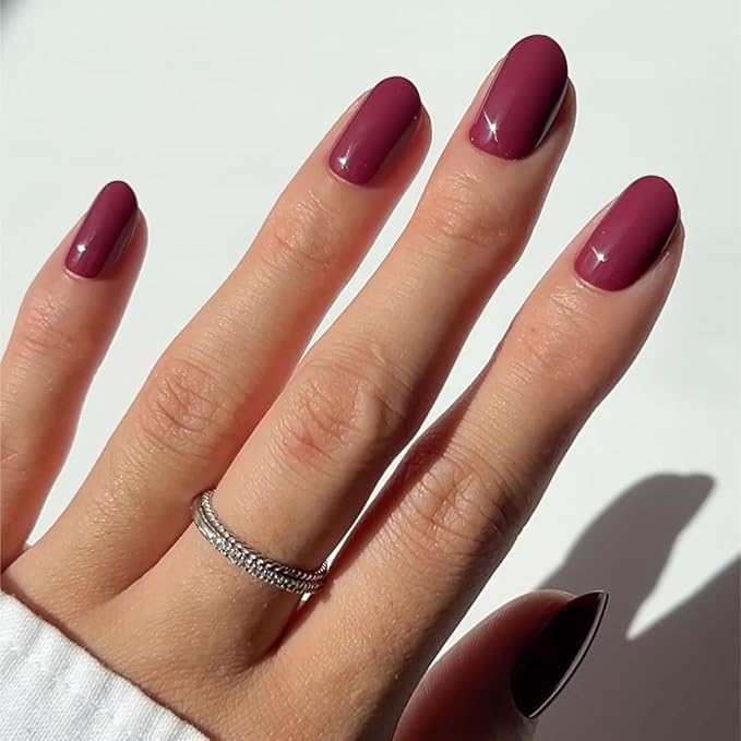 Glamnetic Press On Nails - Berry Maroon | Opaque Dark Red Maroon Short Round Fake Nails, Salon Quality | 12 Sizes - 30 Nail Kit