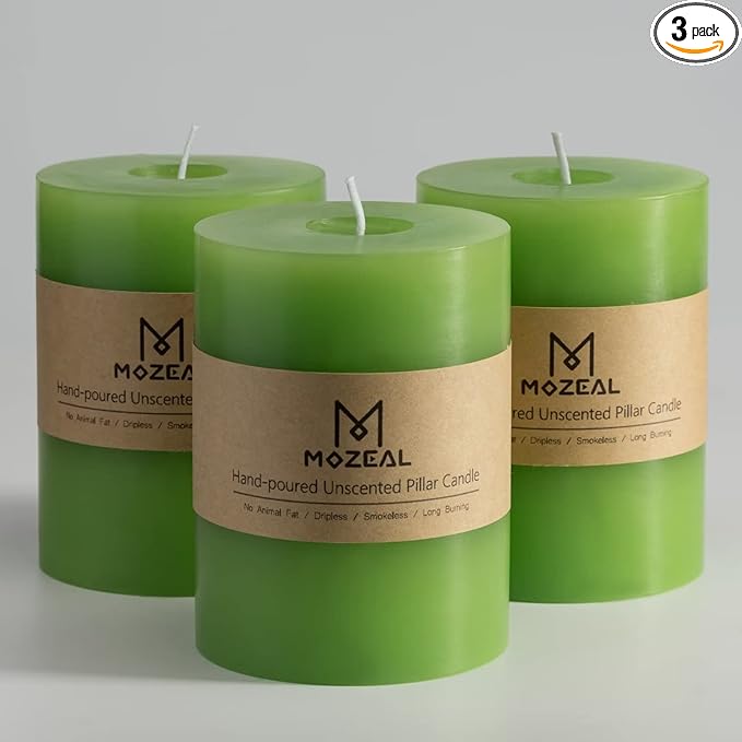 MOZEAL 3" x 4" Hand-Poured Unscented Candle,Dripless Pillar Candle Set of 3,Long Clean Burning,Approx 72 Hours Burn Time,Rustic Country Style,Wedding,Dinner,Christmas and Home Decor,Green
