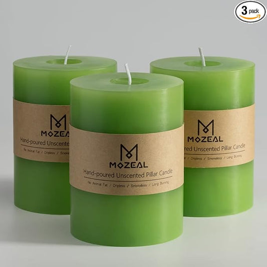 MOZEAL 3" x 4" Hand-Poured Unscented Candle,Dripless Pillar Candle Set of 3,Long Clean Burning,Approx 72 Hours Burn Time,Rustic Country Style,Wedding,Dinner,Christmas and Home Decor,Green