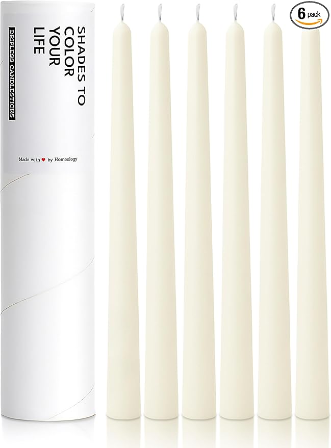 6 PK 10" Classic Taper Candles, Ivory, 7-8 Hours Long Burning, Unscented Tall Candlesticks