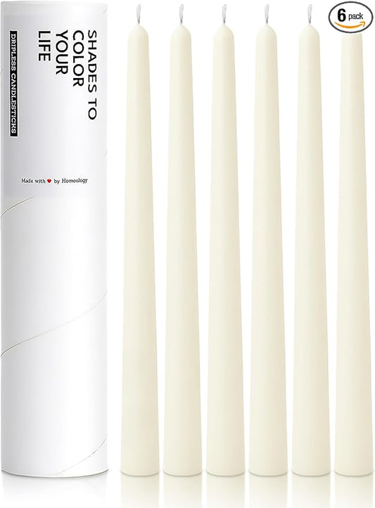 6 PK 10" Classic Taper Candles, Ivory, 7-8 Hours Long Burning, Unscented Tall Candlesticks