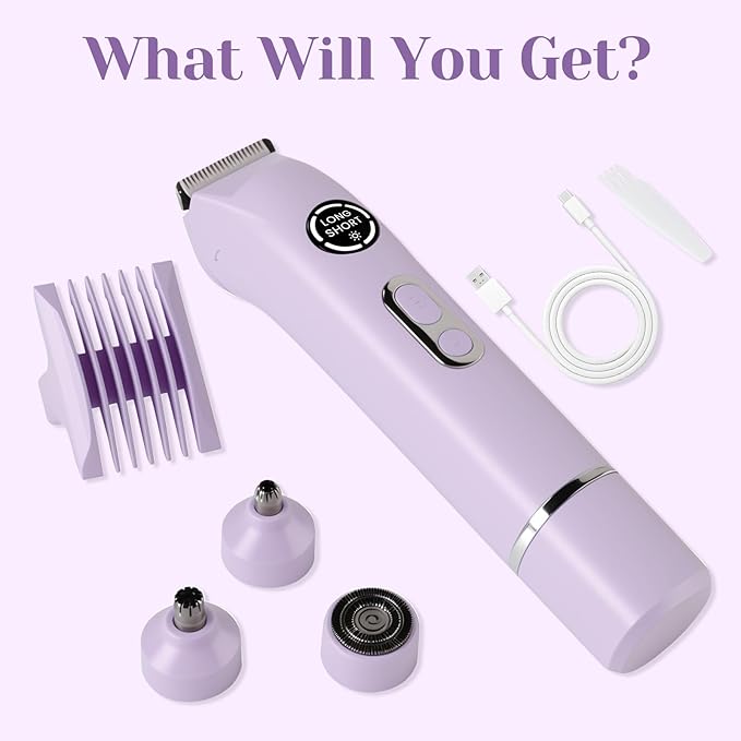 Bikini Trimmer for Women Dermave Bikini Shaver 4 in 1 Pubic Hair Trimmer, Razor for Women Private Area with Dual Heads IPX7 Waterproof, Electric Shaver for Nose Eyebrows Beard Underarm Leg Arm