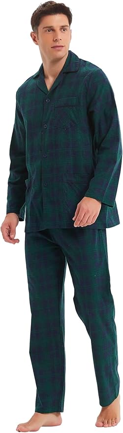 GLOBAL Men's Pajamas Sets 100% Cotton Flannel Sleepwear Long-Sleeve top & Bottom