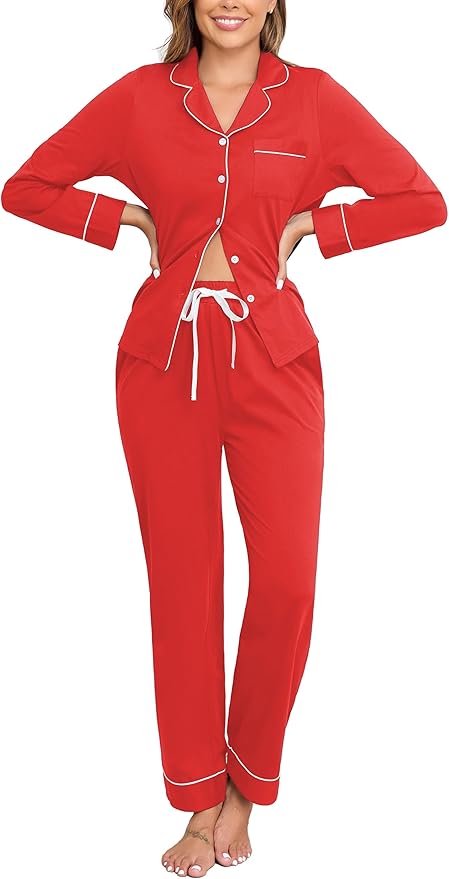 Veseacky 100% Cotton Pajamas for Women Set Long Sleeve Button Down Sleepwear Soft Pjs Lounge Sets with Pockets S-XXL