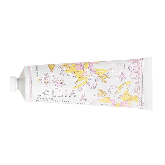LOLLIA Breath Handcreme, 4 oz, Peony & White Lily Scented Hand Cream for Women, Moisturizing Lotion for Dry Hands, Quick Absorbing Shea Butter & Cocoa Butter, Luxury Purse Essentials