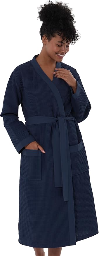 SEYANTE Women’s Luxury Waffle Shawl Collar, Hooded Robe w Piping – Lightweight, Long, Ultra Soft Spa Sleepwear Bathrobe