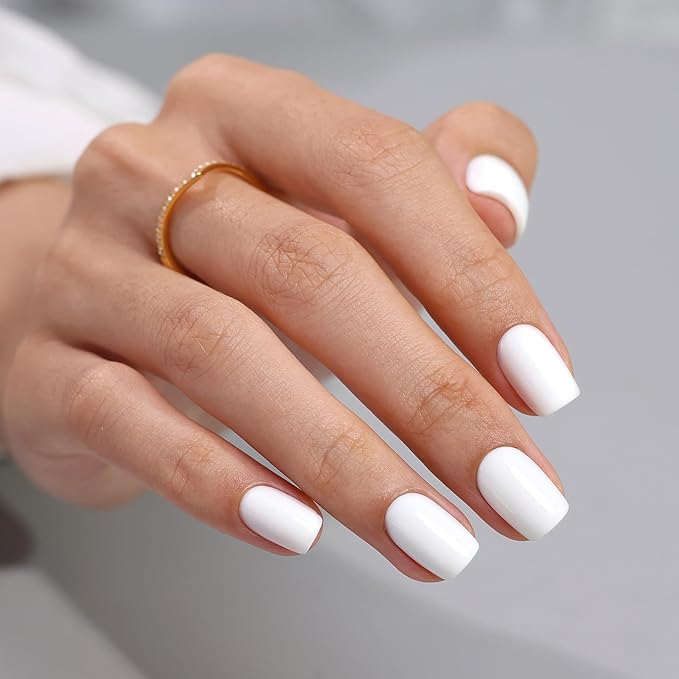White Press on Nails Short - Soft Gel Square Press on Nails for Women Gift, Fit Perfectly & Natural Glue on Nails in 16 Sizes - 32 Reusable Fake Nails Kit with Glue, Classic White