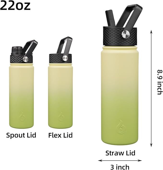 BJPKPK Insulated Water Bottles with Straw Lid, 22oz Cold & Hot Thermo, Stainless Steel Metal Water Bottle with 3 Lids, Reusable Thermo, Cups, Mugs for Daily Use-Avocado