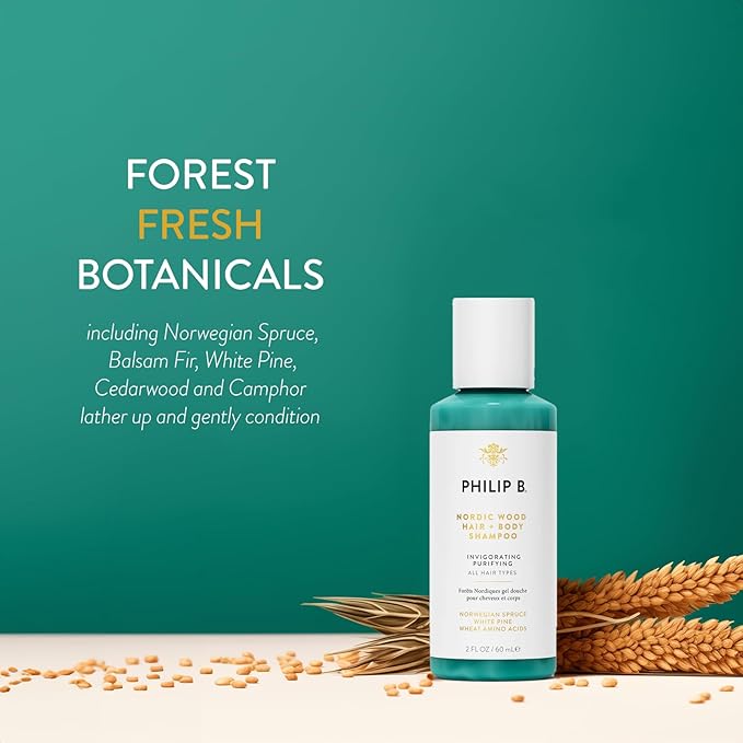 PHILIP B Nordic Wood Hair + Body Shampoo, 2 fl. oz. (60 ml) - Lathers Up Luxuriously, Conditions While Leaving You Feeling Cool & Invigorated, With Notes of Norwegian Spruce, White Pine and Camphor