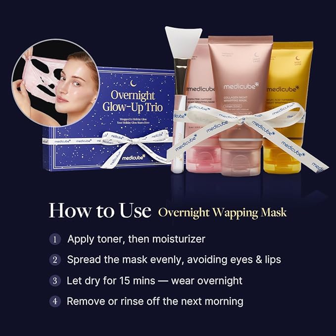 medicube Overnight Glow-Up Trio | Amazon Exclusive Holiday Overnight Wrapping Peel Off Mask | Collagen, Turmeric & PDRN | Perfect for Holiday Gifting & Self-Care | Korean Skincare for Women & Men