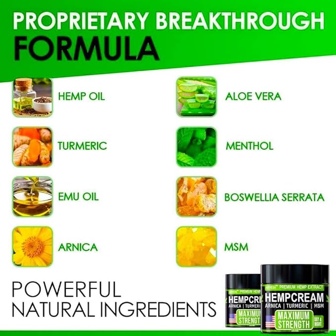 Hemp Cream - Maximum Strength - Natural Hemp Oil Extract Gel Rub with MSM - Glucosamine - Arnica - Turmeric - Maximum Strength - Formulated in USA - 3.9 oz