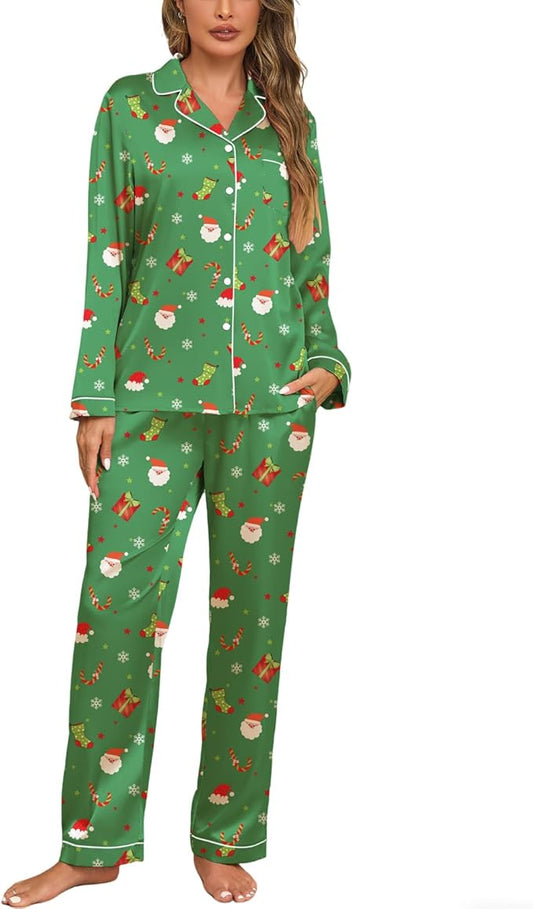 Veseacky Womens Satin Pajama Set Silk Pjs Button Down Long Sleeve Sleepwear Loungewear Sleepwear 2 Piece Pjs Set S-XXL