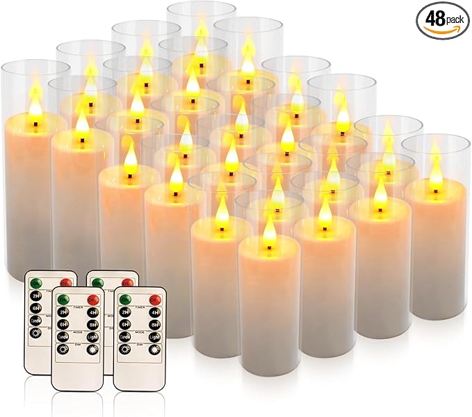 Set of 24 Flickering Flameless Candles Battery Operated with Remote and 2/4/6/8 H Timer Plexiglass Led Pillar Candles with Realistic Moving Wick Candles for Home Decor (D2.2"xH 5"6"7")(White)