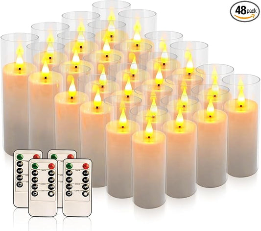 Set of 24 Flickering Flameless Candles Battery Operated with Remote and 2/4/6/8 H Timer Plexiglass Led Pillar Candles with Realistic Moving Wick Candles for Home Decor (D2.2"xH 5"6"7")(White)