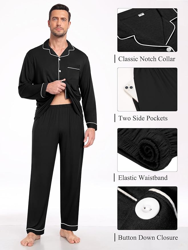 Men Modal Pajama Set Long Sleeve Pjs Button Down Sleepwear Soft Comfy Loungewear Sets 2 Piece Nightwear S-3XL